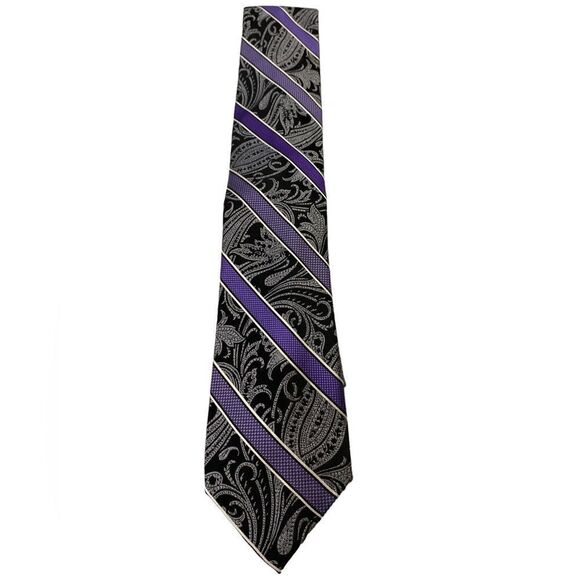ProntoUomo platinum Mens wearhouse gray purple black stripe 100 % silk paisley - Picture 1 of 7